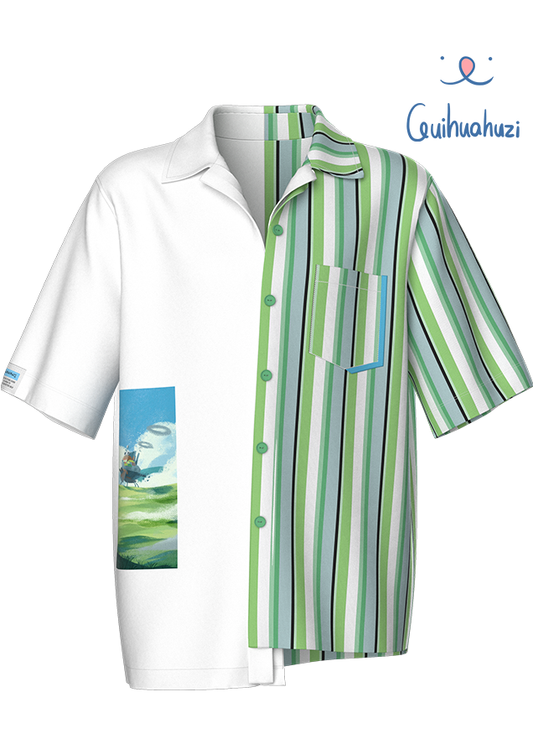 Striped color contrast splicing shirt Cuban collar short-sleeved shirt unisex in summer
